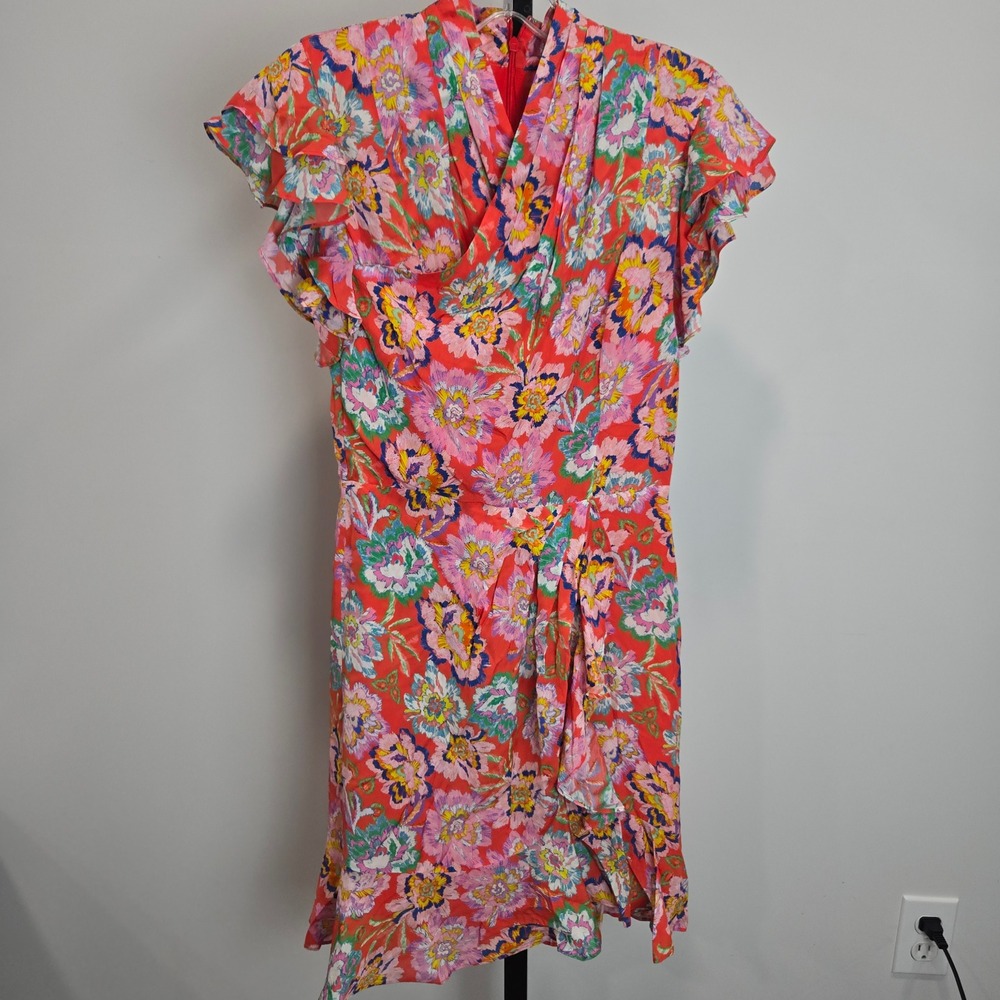Shoshanna Red Floral Flutter Sleeve Ruffle Hem Mini Dress Size 0 Resort Party